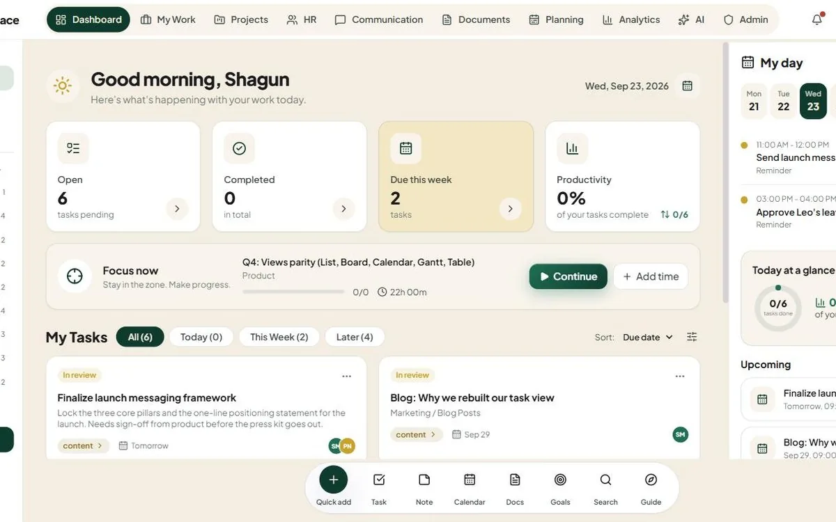 Shagun Workspace dashboard with tasks, My Day panel and quick actions